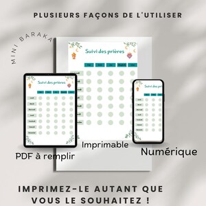 May include: A printable and digital prayer tracker with a green and white design. The tracker includes a title "Suivi des pri&egrave;res" and a list of days of the week. The text "Imprimable" and "Num&eacute;rique" are below the trackers.