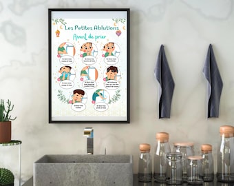 Affiche des ablutions étape par étape imprimable, Guide Wudu islamique pour enfants musulmans, apprendre ablution avant la prière en islam