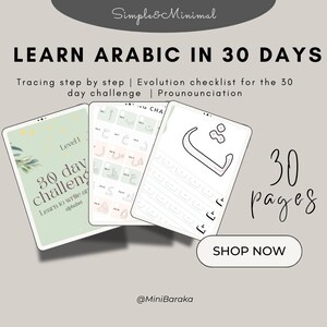 Könnte beinhalten: Ein digitales Produkt zum Erlernen der arabischen Sprache in 30 Tagen. Das Bild zeigt einen Tablet-Bildschirm mit grünem Hintergrund und dem Text "30 day challenge" und "Learn to write the Arabic alphabet". Außerdem ist eine Seite mit einer Übungsaufgabe zum Nachzeichnen des arabischen Buchstabens "Cha" zu sehen. Der Text "30 pages" und "Shop Now" ist ebenfalls sichtbar.