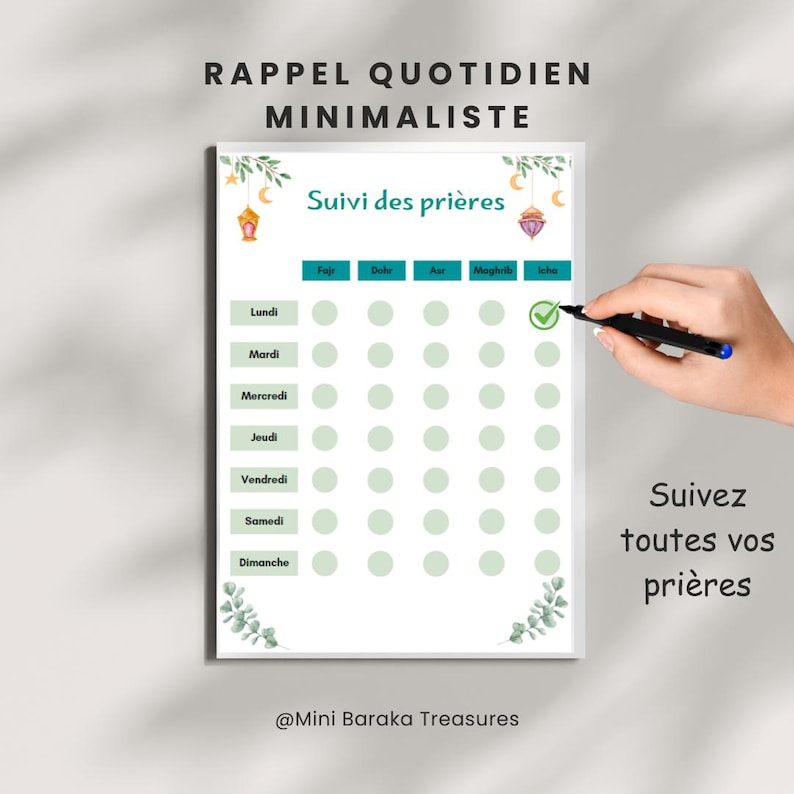 May include: A printable daily prayer tracker with a minimalist design. The tracker includes a checklist for each day of the week and five daily prayers: Fajr, Dhuhr, Asr, Maghrib, and Isha. The tracker is decorated with green leaves and a lantern.