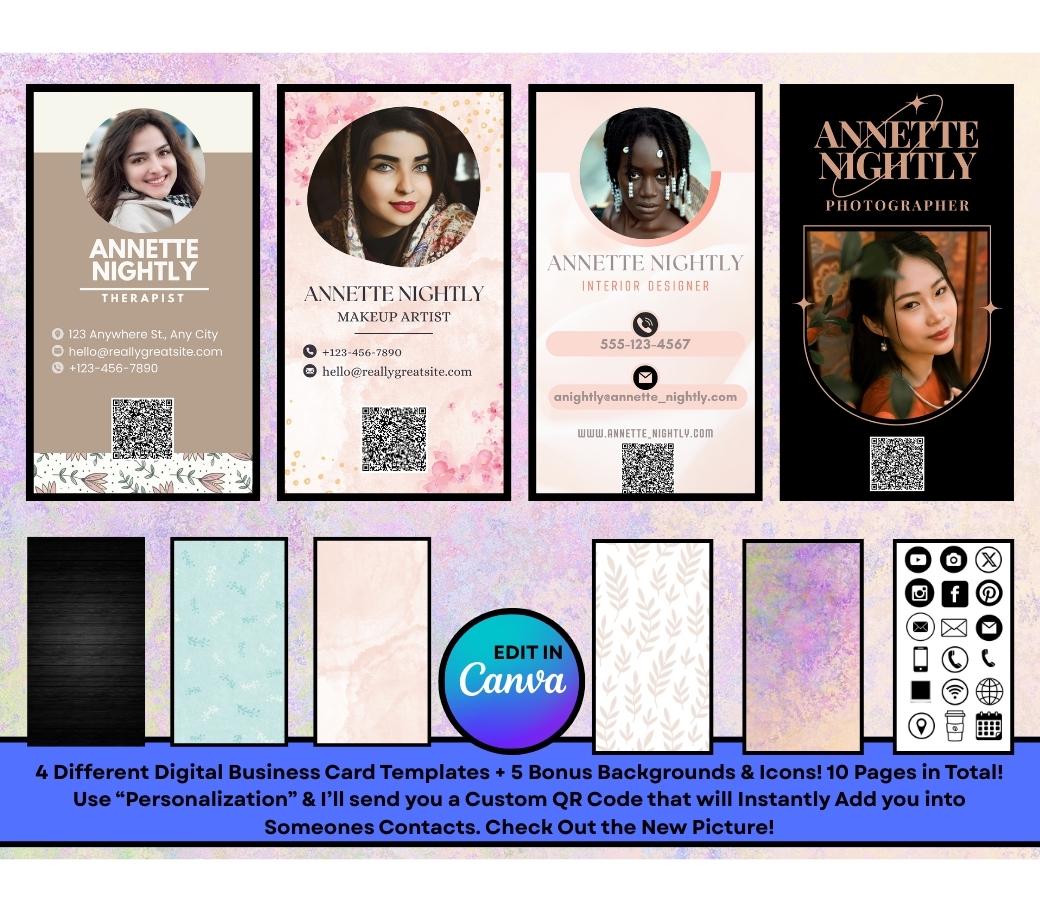 Digital Business Card Template Design Canva, Interior Designer, Makeup Artist, Photographer, Includes Custom QR-Code personalized!
