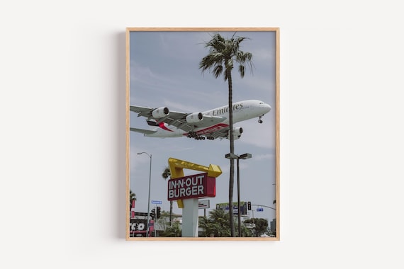 Emirates A380 Aviation Photography Print – Airplane Over City Wall Art – Los Angeles Airport
