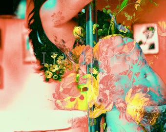 Jumbo&#39;s Clown Room: strip club, stripper pole, flowers, Hollywood, double exposure, pink, dancer