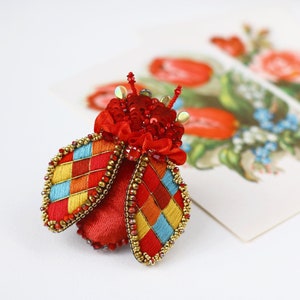 Stained glass beetle brooch, Unique Embroidery Jewellery, Medieval surreal pin, Statement modern, Cute animal for jacket, blue red Red