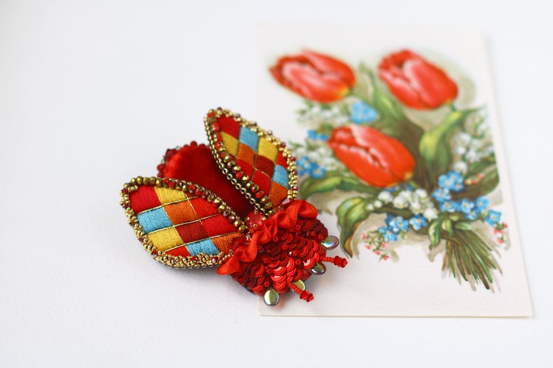 Stained glass beetle brooch, Unique Embroidery Jewellery, Medieval surreal pin, Statement modern, Cute animal for jacket, blue red image 6