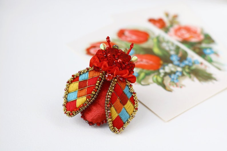 Stained glass beetle brooch, Unique Embroidery Jewellery, Medieval surreal pin, Statement modern, Cute animal for jacket, blue red Red