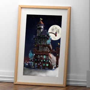 Art mural ou carte postale fantastique dessiné à la main avec un château au clair de lune dans les nuages