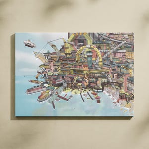 Fantastique ville industrielle côtière dessinée à la main très détaillée Wimmelbilder où est Wally inspiré art mural complexe ou carte postale