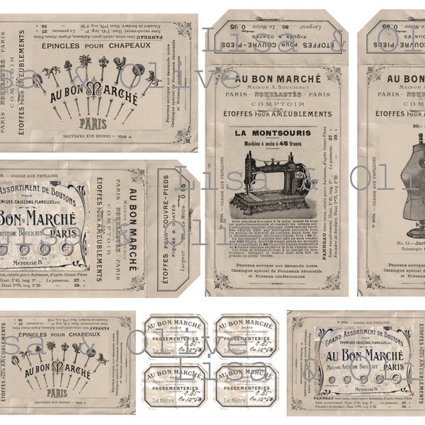 Digital Vintage francés Ephemera mercería alterado tarjetas de muestra de encaje Au Bon Marche muestra Tarjetas de encaje Lisa y Olive