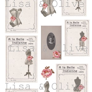 Digital Vintage French Bouton Cards with Dress forms snippets collage sheet pretty floral detail by Lisa and Olive