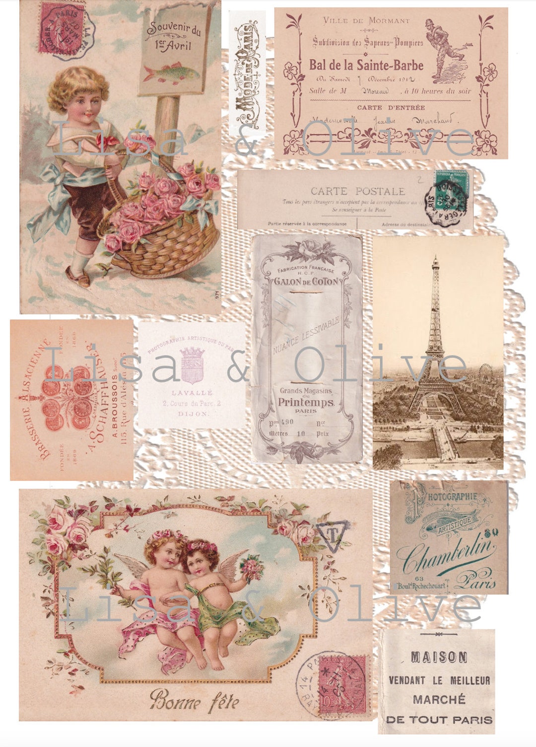 Digital Vintage French Ephemera Snippets Collage Sheet Pretty Floral ...