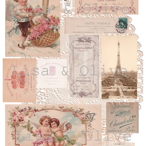 Digital Vintage French Ephemera fragmentos hoja de collage bonitas postales florales papel encaje tapete de Lisa y Olive