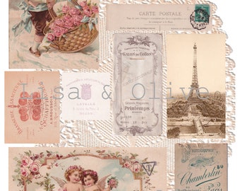 Digital Vintage French Ephemera snippets collage sheet pretty floral postcards paper lace doily by Lisa and Olive