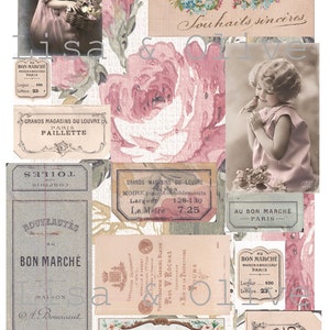 Digitaal vintage Frans Ephemera-collagevel mooie fournituren met bloemen van Lisa en Olive