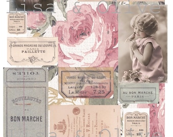 Digital Vintage French Ephemera collage sheet pretty floral haberdashery samples by Lisa and Olive