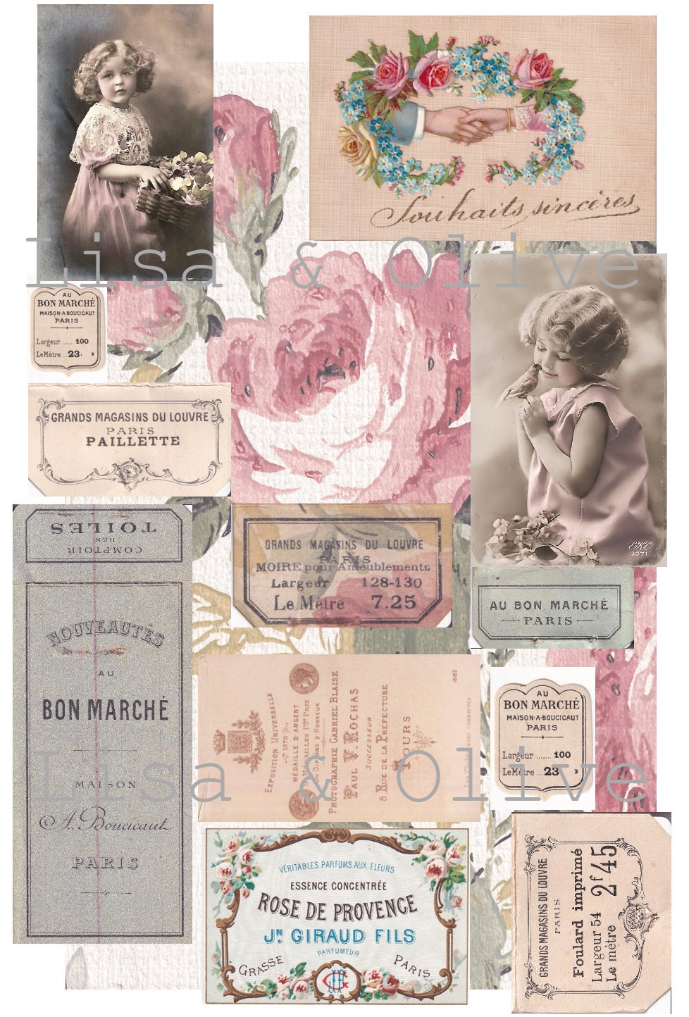 Digital Vintage French Ephemera collage sheet pretty floral haberdashery samples by Lisa and Olive