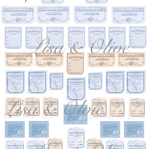 Digital Vintage French Ephemera collage sheet Light Blue petite lace sample Haberdashery tags great for Junk Journals by Lisa and Olive