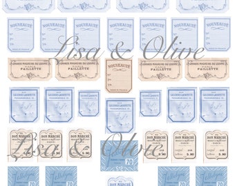 Digital Vintage French Ephemera collage sheet Light Blue petite lace sample Haberdashery tags great for Junk Journals by Lisa and Olive
