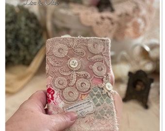 Altered art Fabric beige and pink snippet book vintage French photo's vintage French lace snippets by Lisa and Olive