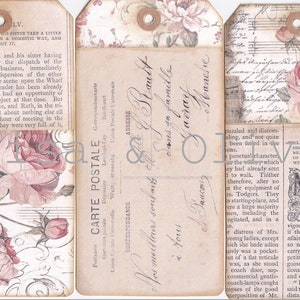 Digital French Floral postcard Ephemera Luggage Tags size Large 16cm x 8cm tags Lisa and Olive