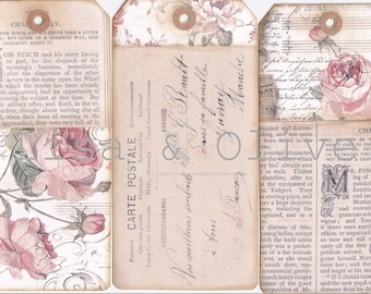 Digital French Floral postcard Ephemera Luggage Tags size Large 16cm x 8cm tags Lisa and Olive