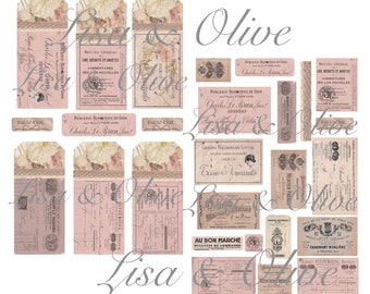 Digital Vintage style French Floral Ephemera Tags 5.5 cm x 12 cm and French ephemera snippets for Junk Journals Lisa and Olive