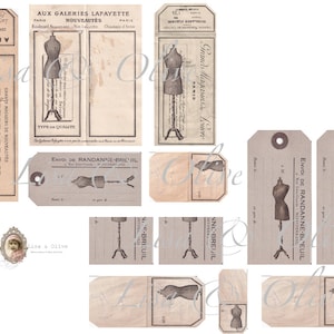Digitale vintage Franse Ephemera fournituren bewerkte kanten jurk van voorbeeldkaarten Au Bon Marche Aux Galeries Lafayette