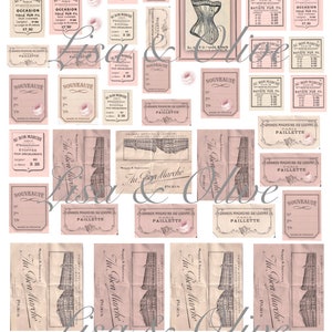Digitale vintage Franse Ephemera vintage Franse roze en crèmekleurige kantmonstertags van Lisa and Olive