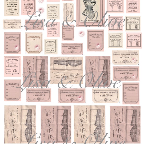 Digital Vintage French Ephemera vintage French pink and cream lace sample tags by Lisa and Olive