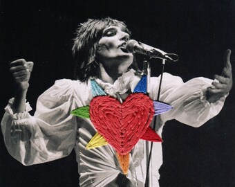 Hand Embroidered Paper, Rod Stewart, Heart, Rainbow, Colors, Embroidery on Paper, Mixed Media Art, Kunst, Handmade, Love, Passion for Music