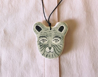 Tiger Pendant, Clay Jewelry, Animal Illustration, Pencil Drawing, Modern, Contemporary, Jungle, Animal, Gray, Handmade, Kunst