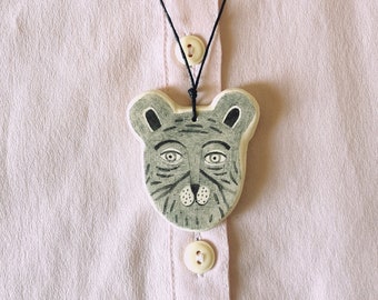 Tiger Pendant, Clay Jewelry, Animal Illustration, Pencil Drawing, Modern, Contemporary, Jungle, Animal, Grey, Handmade, Kunst