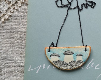UFO Pendant, Air Dry Clay, Flying Saucer, Sky, Blue, Handmade Jewelry, Number Three, Mountains, Pencil Drawing, Sci Fi Necklace