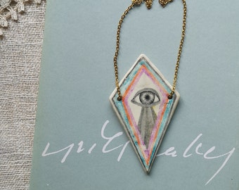 Eye Pendant, Air Dry Clay, Pencil Drawing, Blue, Wearable Art, Wisdom, Knowledge, Rhombus, Handmade Jewelry