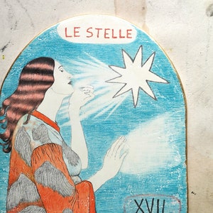 Le Stelle, de ster, tarotkaart, potloodtekening, illustratie, lucht, blauw, hangende sculptuur, luchtdroge klei, spiritueel, kunst, grote Arcana