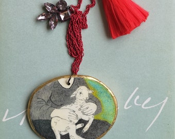 Lamb Pendant, Air Dry Clay, Silk Tassel, Red, Animal, Pencil Drawing, Surreal, Golden Leaf, Oval, Sheep, Love, Handmade Jewelry