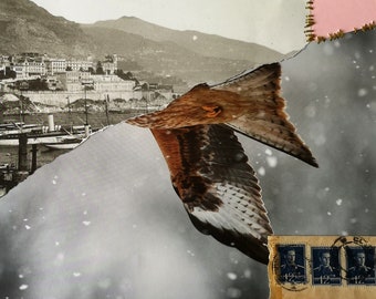 Analog Collage, Hand Embroidery, Flying Bird, Eagle, Winter Landscape, Town, Old Envelope, Paper Art, Surreal, Growth