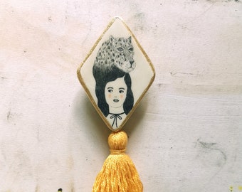 Jaguar Pin, Pencil Drawing, Animal Jewelry, Illustration, Girl Portrait, Golden, Yellow, Tassel, Spirit Animal, Clay, Schmuck, Special Gift