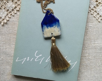 Blue Pendant, Clay Jewelry, House Necklace, Golden Tassel, Chain, Handmade