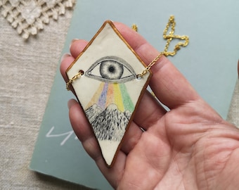 Eye Pendant, Clay Jewelry, Pencil Drawing, Mountains, Surreal, Energy, Wisdom, Knowledge, Gift for Her, Golden, Landscape