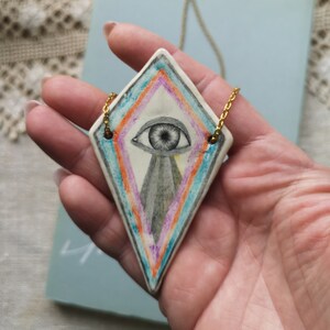 Eye Pendant, Air Dry Clay, Pencil Drawing, Blue, Wearable Art, Wisdom, Knowledge, Rhombus, Handmade Jewelry image 2