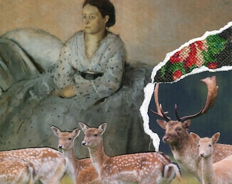 Hand Embroidered Collage, Mixed Media Art, deer, Degas Painting, Embroidery on Paper, Sewn Photograph, Surreal, Landscape, Animals, Flowers