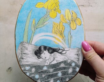 Clay Wall Sculpture, Yellow Iris, Dream, Sleeping Girl, Blue, Subconscious, Oval, Calmness, Illustration, Plants