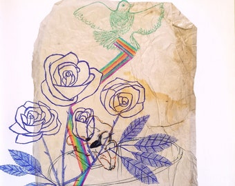 Ballpoint Pen Drawing, Surreal Art, Flying, Rose, Dove, Rainbow, Illustration on Book Page, Flowers, Bird, Energy, Kunst