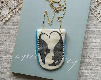 Animal Pendant, Air Dry Clay, Blue, Art to Wear, Handmade Jewelry, Heart, Love, Pencil Drawing, Surreal