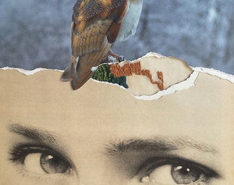 Analog Collage, Embroidery on Paper, Owl, Eyes, Wisdom, Mixed Media Art, Blue, Animals, Nature, Hand Embroidered, Surreal, Christmas Gift