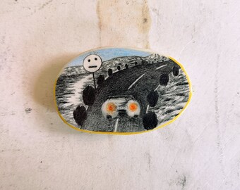 Air Dry Clay Brooch, Pencil Drawing, Surreal Pin, Car, Strange, Weird, Atmosphere, Round, Highway, Landscape, Funny, Round, Landscape, Art