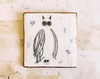 Original Owl Illustration, Ornament, Pencil Drawing, Air Dry Clay, Ceramic Wall Art, Geometric Mixed Media, Decoration,貓頭鷹,  Sculpture