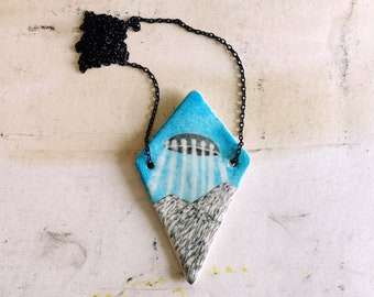 Sci Fi Jewelry, Air Dry Clay, UFO Pendant, Mysterious, Landscape, Blue Sky, Rhombus, Affordable Gift, Geometric, Ceramic, Surreal, Schmuck