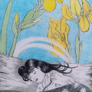 Clay Wall Sculpture, Yellow Iris, Dream, Sleeping Girl, Blue, Subconscious, Oval, Calmness, Illustration, Plants image 3